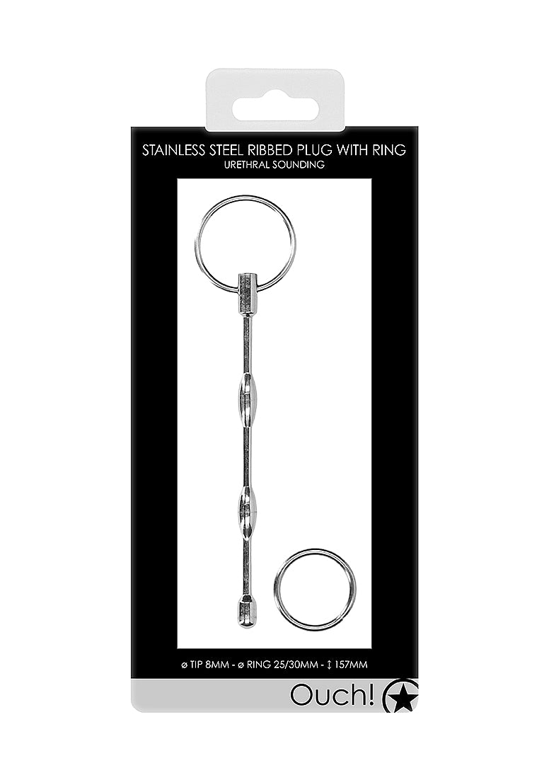 Urethral Sounding - Stainless Steel Ribbed Plug With Ring